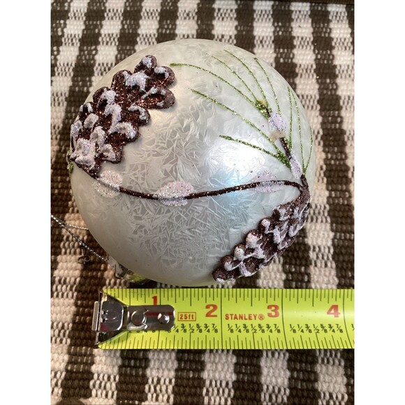 Beautiful White Glittery Christmas Large Glass Ball Ornament With Pine Cones - Picture 9 of 12